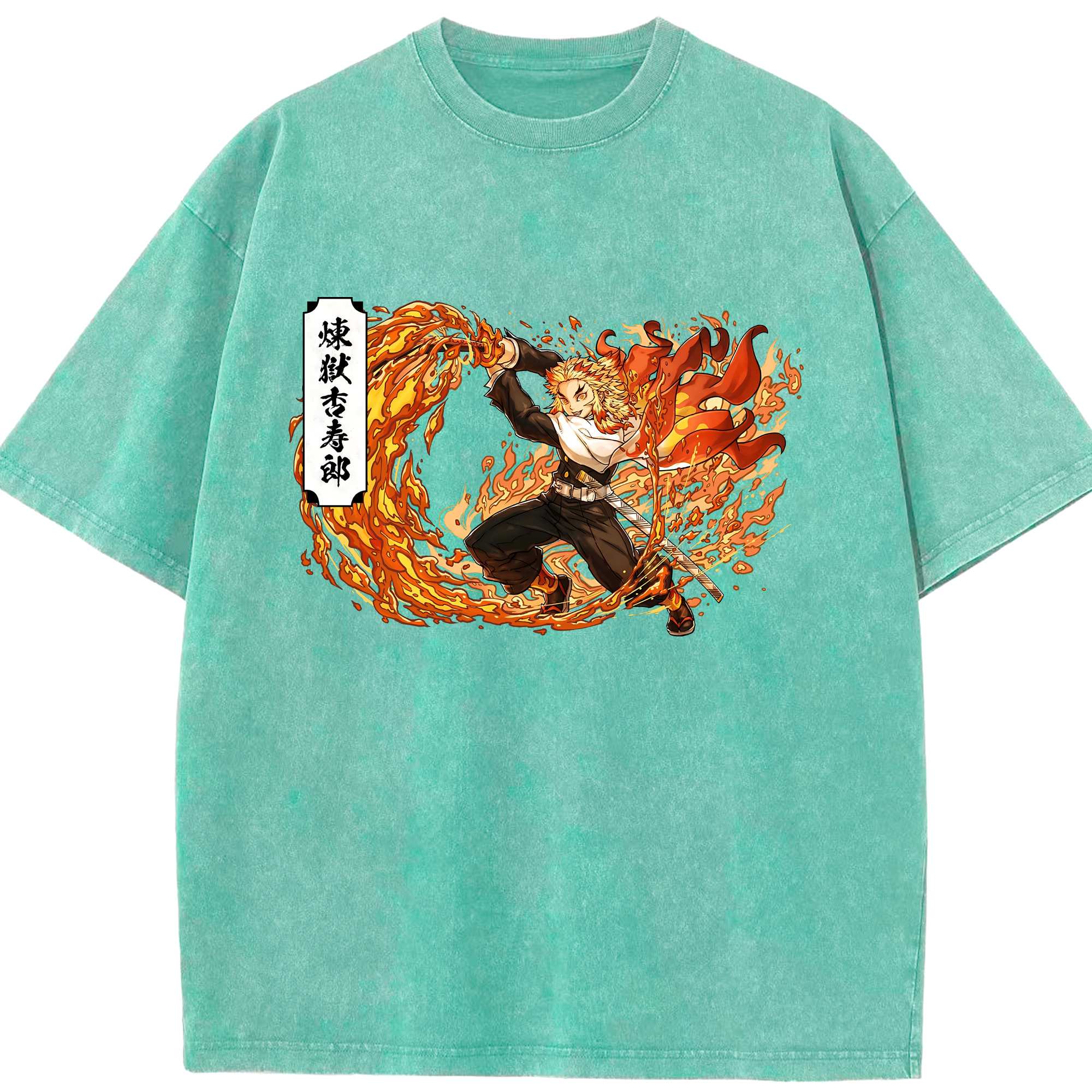 （画像用） 鬼滅の刃（きめつのやいば）炎柱-煉󠄁獄 杏寿郎／れんごく きょうじゅろう Rengoku Kyoujurou 綿100% ヴィンテージ風 半袖Tシャツ（フロントプリント）
